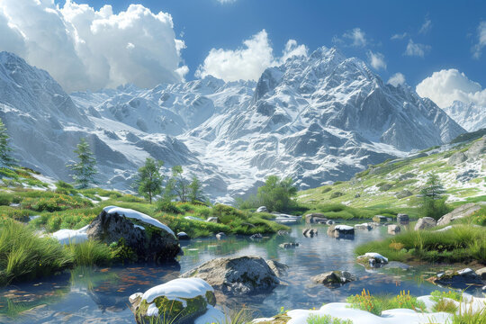 雪山陽光下的河流