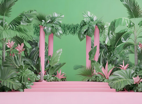 綠色背景下的粉色柱子和熱帶植物