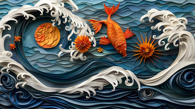鯉魚在海浪中暢游
