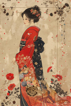 身穿紅色花紋和服的女子漫步在庭院中