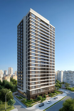 現(xiàn)代城市公寓樓建筑外觀與城市景觀背景