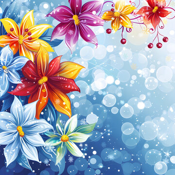 五顏六色的花朵綻放在冬日的雪花中