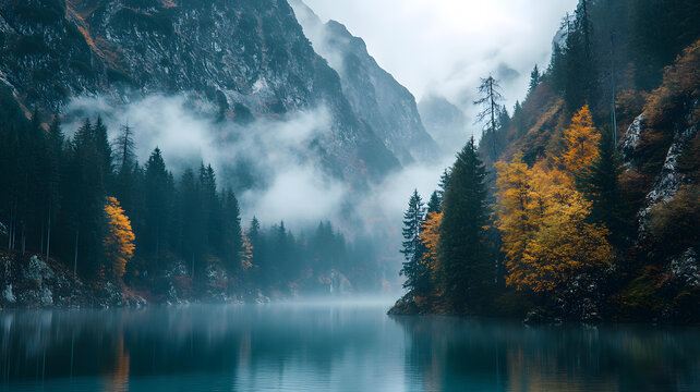 秋日山間霧氣彌漫的湖泊