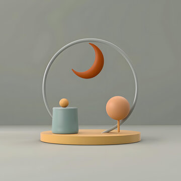 幾何圖形與月亮太陽的抽象極簡3D渲染
