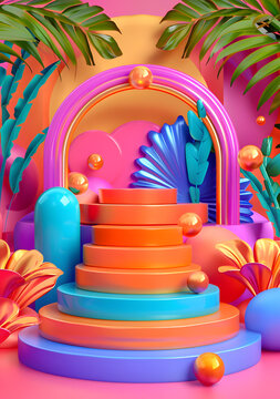 熱帶風(fēng)情 3D 幾何圖形與彩虹拱門