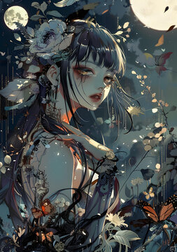 月光下的花與蝶