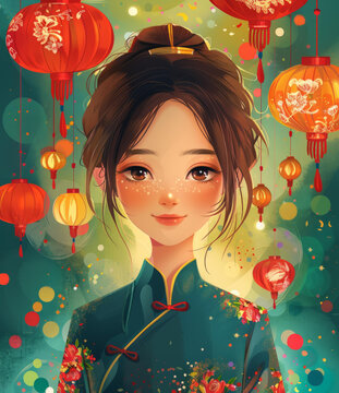 身穿旗袍的女孩在元宵節(jié)的插圖