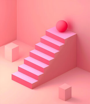 粉色3D極簡(jiǎn)主義樓梯與球體