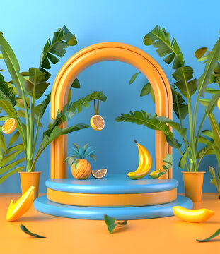 夏日水果 3D 渲染 棕櫚樹拱門背景