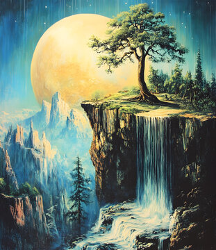 夢(mèng)幻瀑布下的月色風(fēng)景