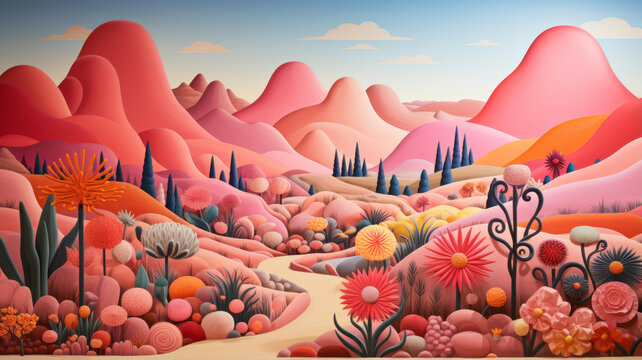 粉色的超現(xiàn)實的滾動山丘景觀插圖