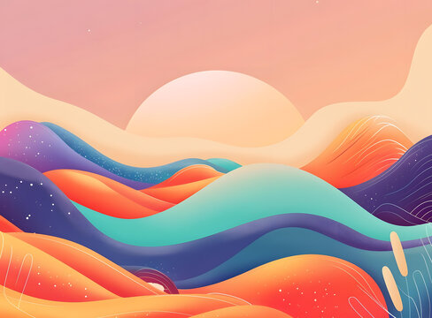 抽象山丘與夕陽的彩色景觀