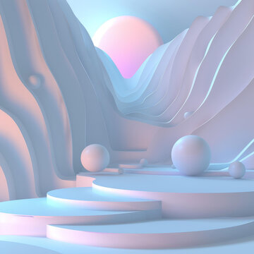 粉白色幾何形狀和球體的抽象景觀