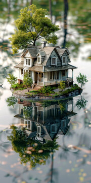 水中倒影：綠樹掩映下的水上小屋