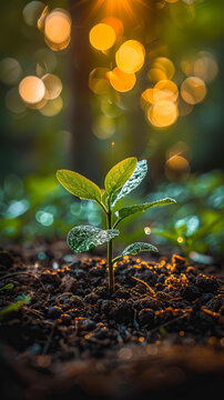 土壤中生長的小綠植背景虛化