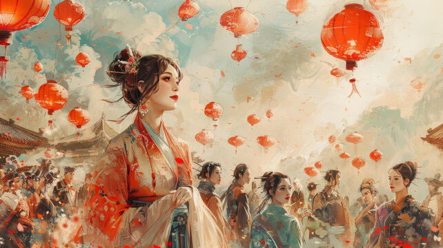 中國新年慶典，紅燈籠與傳統(tǒng)服裝的女性