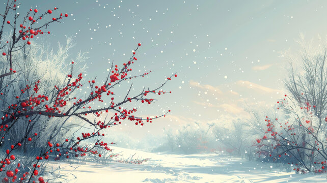雪地里結(jié)滿紅漿果的樹枝和遠處的雪林