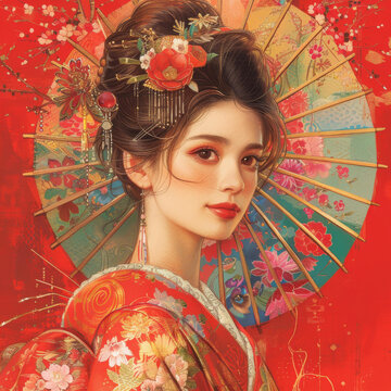 身穿和服的日本女性畫(huà)像