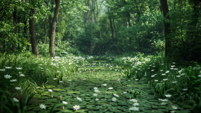 郁郁蔥蔥的森林里鮮花盛開一條小河穿流而過