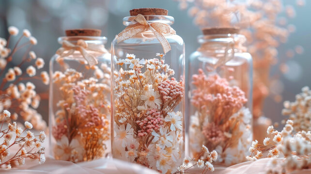 粉色和白色干花玻璃瓶