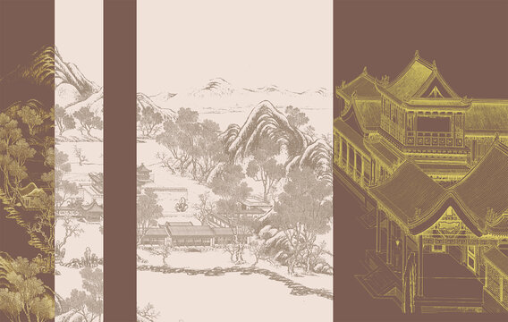 新中式線描山水閣樓背景墻