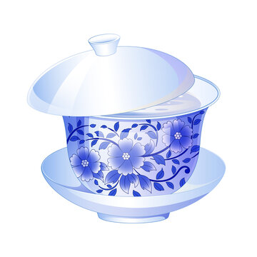 國(guó)風(fēng)茶杯插畫(huà)矢量蓋碗茶