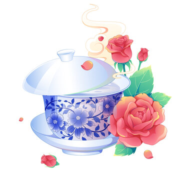 國風蓋碗茶玫瑰花茶插畫