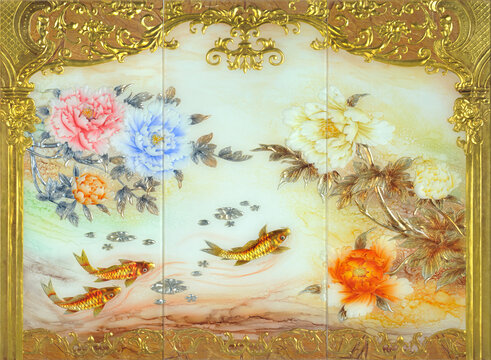 歐式牡丹鯉魚背景墻裝飾畫