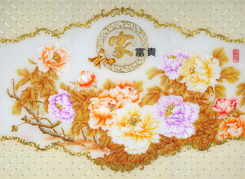 歐式工藝玻璃背景墻裝飾畫牡丹