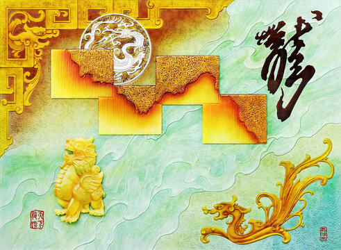 貼片工藝玻璃背景墻龍