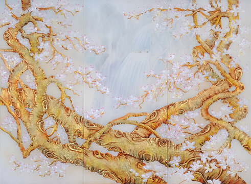 工藝玻璃背景墻玉蘭花