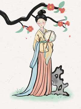 側(cè)身站立手持團(tuán)扇的古風(fēng)仕女