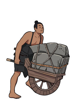 手繪獨(dú)輪車古人運(yùn)輸石頭插畫