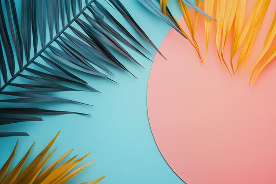 熱帶棕櫚葉背景，色彩鮮艷，清新自然