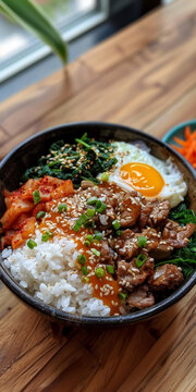 韓式石鍋拌飯配米飯豬肉雞蛋和蔬菜