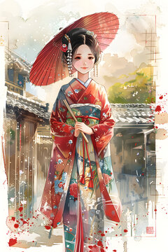 身穿紅色和服撐著傘的美麗日本女子
