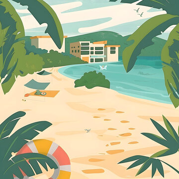 熱帶海灘棕櫚樹與救生圈