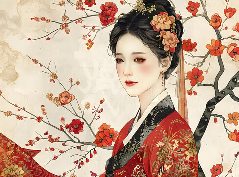 身穿紅色漢服的中國美女站在桃花樹前
