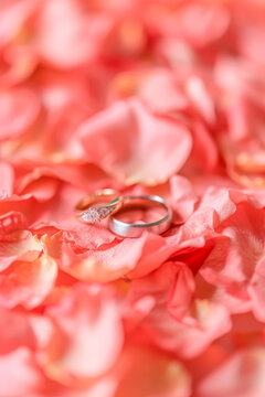 結(jié)婚戒指在粉色的玫瑰花瓣上