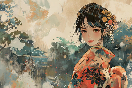 一個身穿和服的美麗日本女人的插圖，她站在一片雨林中，背景中有一座傳統(tǒng)房屋