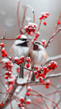 兩只鳥在白雪皚皚的樹枝上棲息