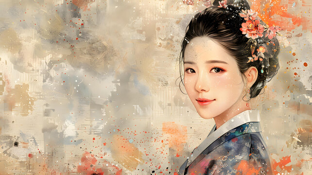 一位身穿韓國(guó)傳統(tǒng)服飾的美麗韓國(guó)女性對(duì)著鏡頭微笑，背景為肌理背景
