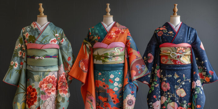 三個(gè)穿著不同和服的模特