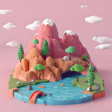 低多邊形3D山川河流橋梁景觀