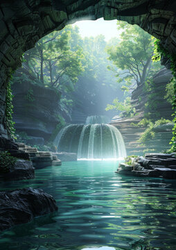 奇幻風(fēng)景與瀑布和洞穴入口