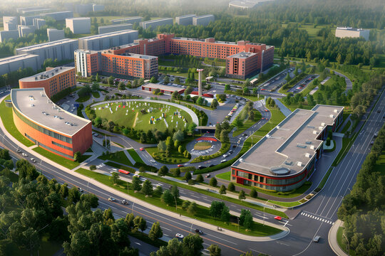 鳥瞰現(xiàn)代大學(xué)校園，教學(xué)樓，綠色庭院和中央廣場
