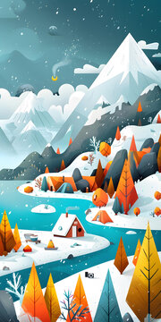 雪山河流冬日夢幻場景