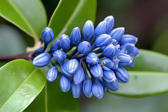 綠葉上的藍(lán)色花蕾特寫