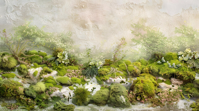 綠色苔蘚和多肉植物在紋理墻上的背景