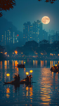 城市寧靜的夜晚人們劃著船在河上觀賞明月